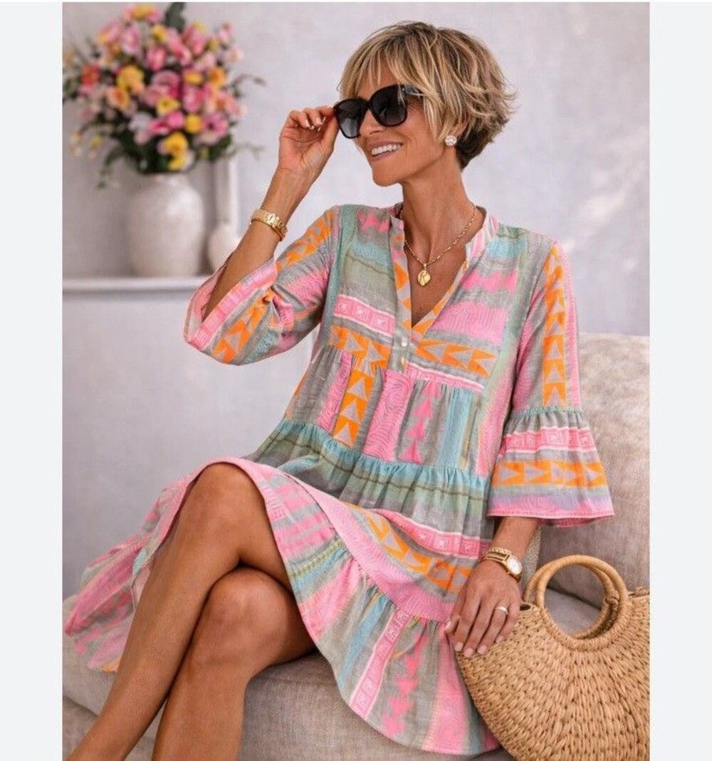 Diva Usa Women's Boho Geometric Print Tiered Mini Dress Size Medium - Picture 1 of 6